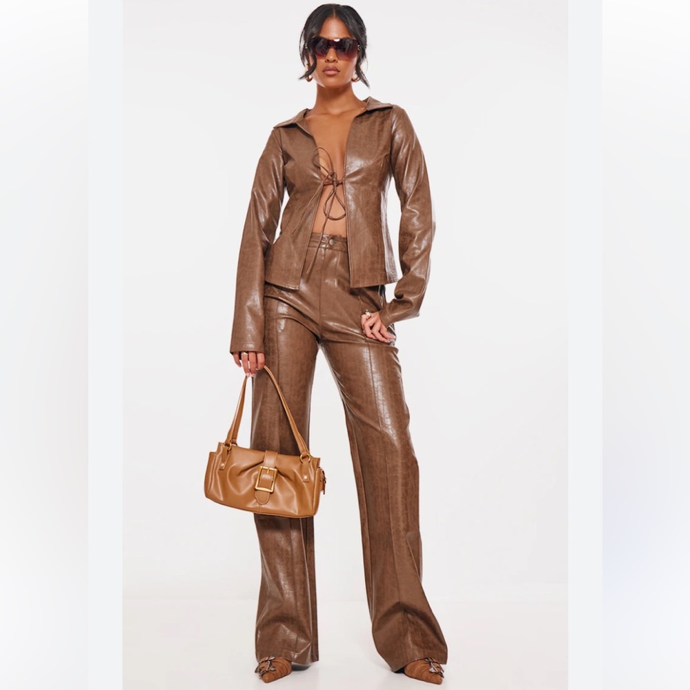 PrettyLittleThing Washed Brown Faux Leather Tie Top & matching pants 8 tall NWT
